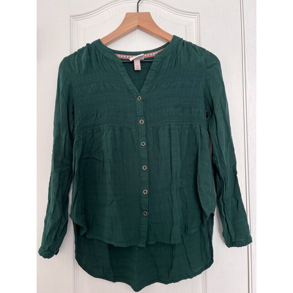 Knox Rose Women's Dark Green Top Button Front Smocked High Low Hem Size XS